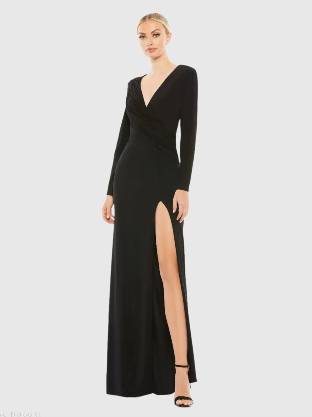 Black Jersey Long Sleeve Asymmetrical Ruched Gown Mac duggal 26686